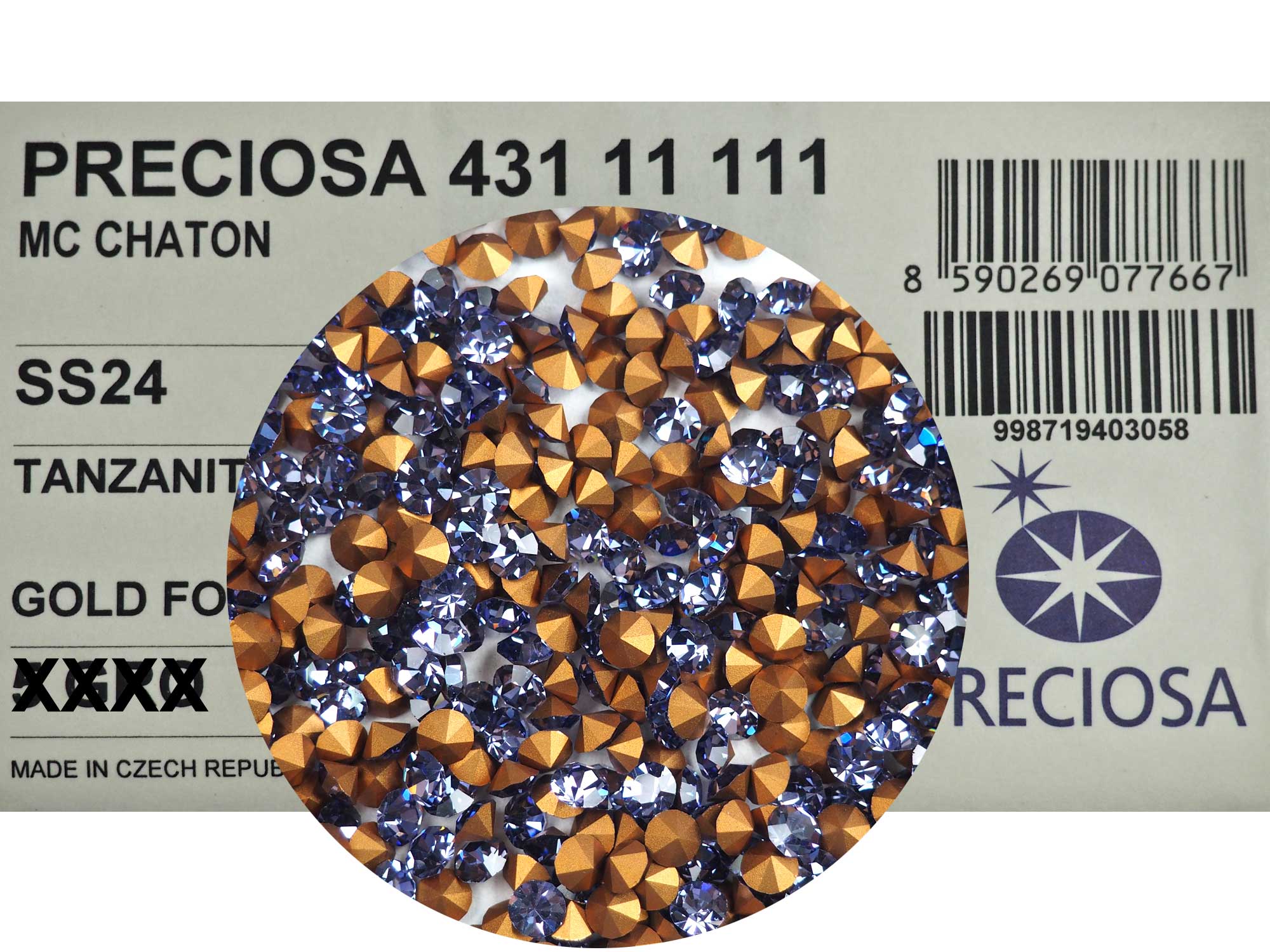 Tanzanite, Preciosa Genuine Czech Pointed Back Chatons in size ss24, 144 pieces, Gold Foiled, P647
