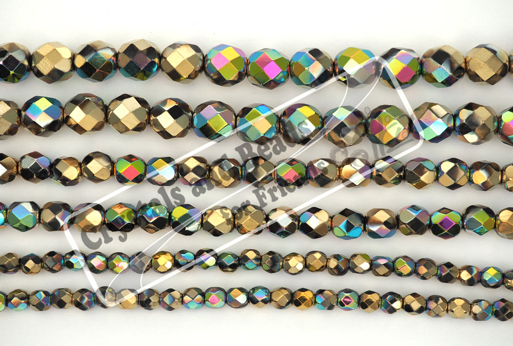 Jet California Blooming Meadow coated, loose Czech Fire Polished Round Faceted Glass Beads