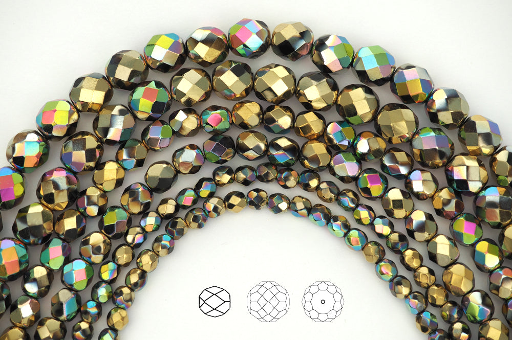 Jet California Blooming Meadow coated, loose Czech Fire Polished Round Faceted Glass Beads