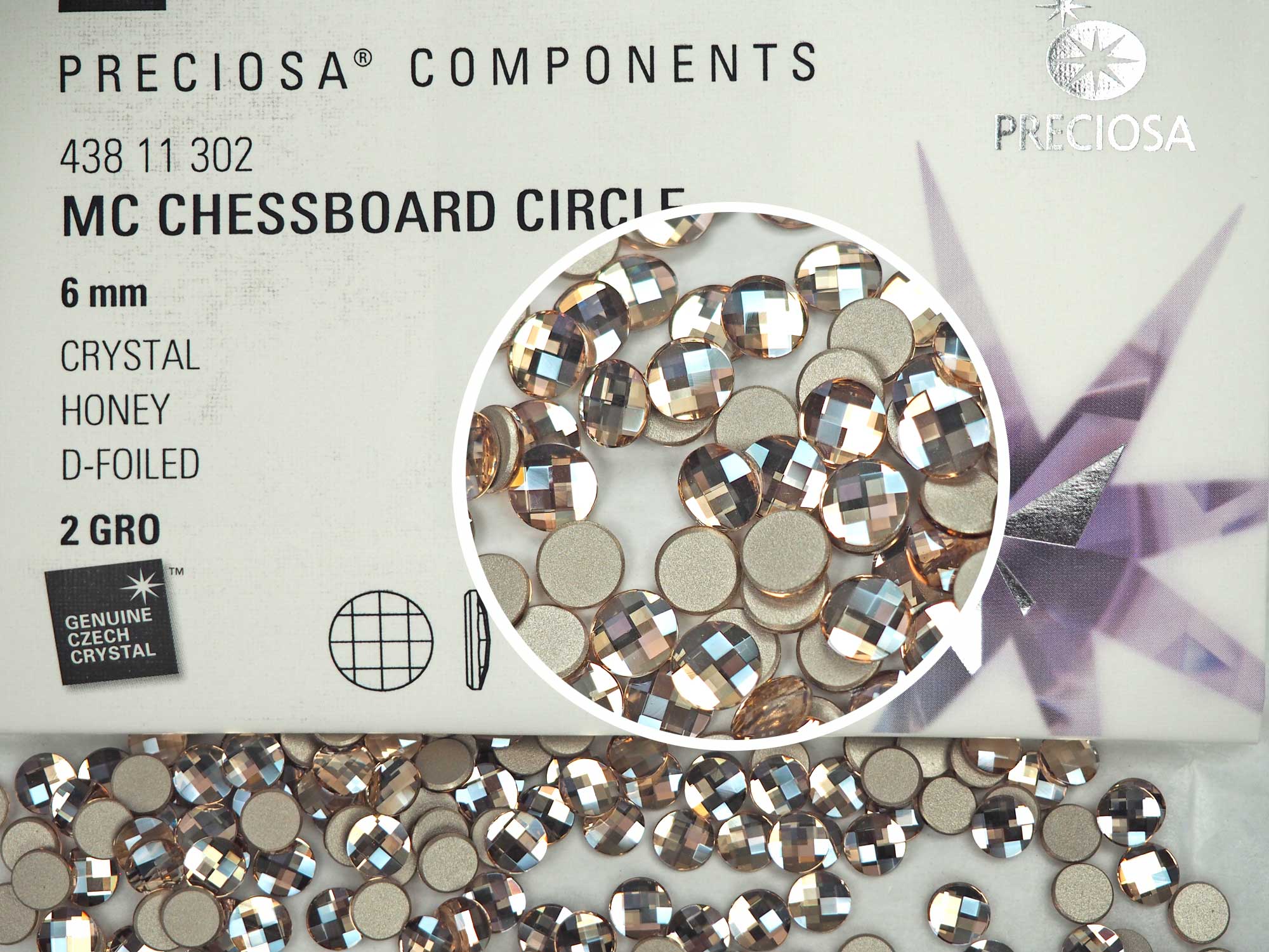 Crystal Honey coated, Preciosa Czech MC Chessboard Circle Flatback Stones Style #438-11-302 Silver Foiled, size 6mm, 36pcs, P837