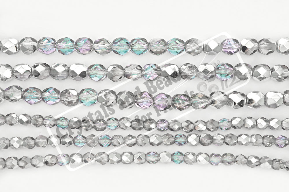 Crystal Vitrail Light Silver coated, loose Czech Fire Polished Round Faceted Glass Beads, Silver, 3mm, 4mm, 6mm, 8mm