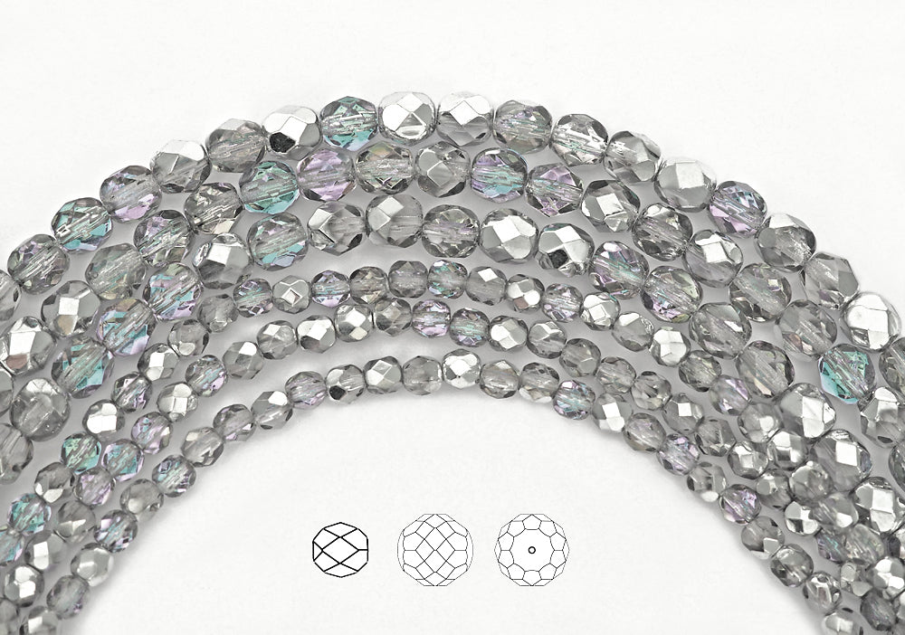 Crystal Vitrail Light Silver coated, loose Czech Fire Polished Round Faceted Glass Beads, Silver, 3mm, 4mm, 6mm, 8mm