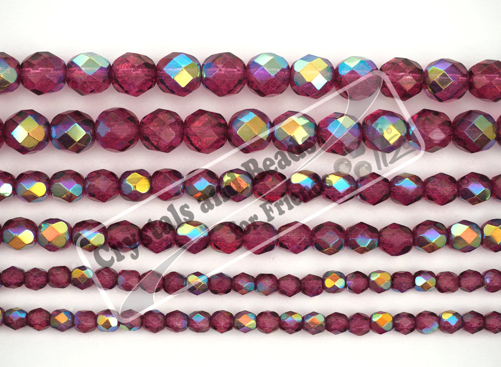 Crystal Pink Flare AB coated, loose Czech Fire Polished Round Faceted Glass Beads, Hot Pink with AB, 3mm, 4mm, 6mm