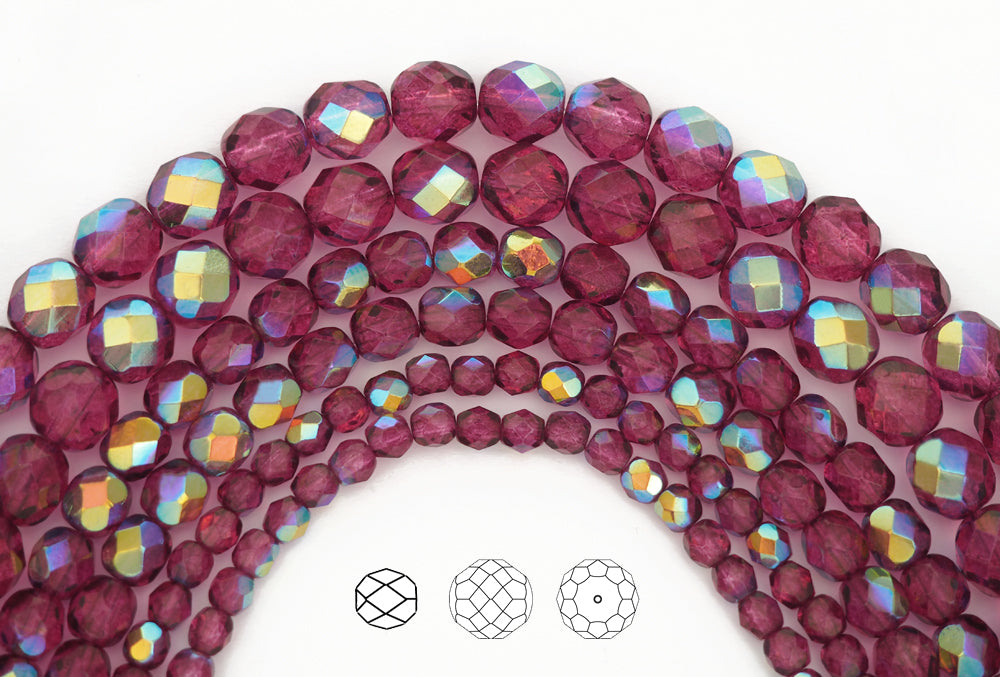 Crystal Pink Flare AB coated, loose Czech Fire Polished Round Faceted Glass Beads, Hot Pink with AB, 3mm, 4mm, 6mm