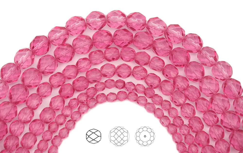 Crystal Pink Rose coated, loose Czech Fire Polished Round Faceted Glass Beads, 3mm, 4mm, 6mm