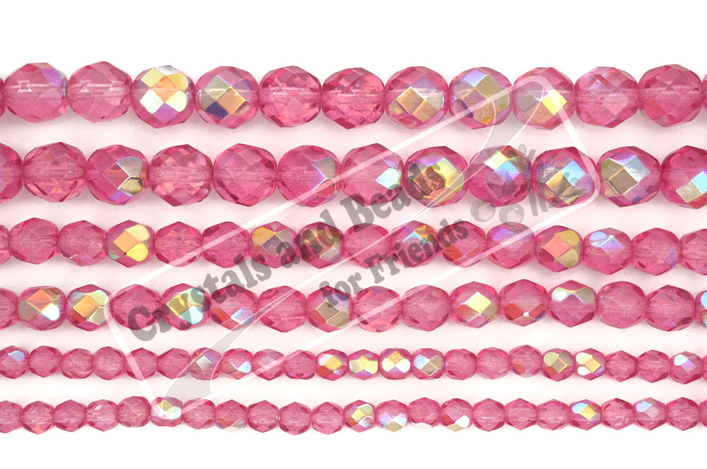 Crystal Pink Rose AB coated, loose Czech Fire Polished Round Faceted Glass Beads, 3mm, 4mm, 6mm