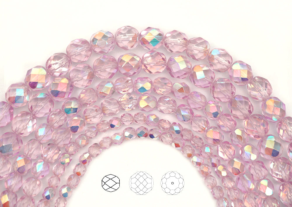 Round Faceted Glass Beads Hot Pink 6mm