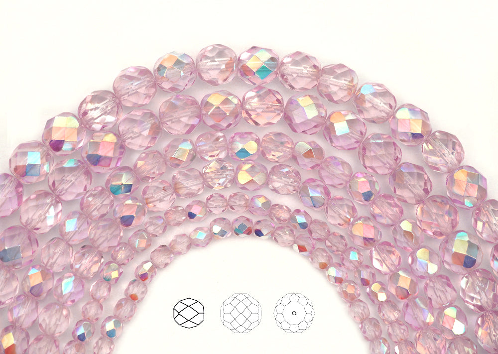Crystal Pink Shimmer AB coated, loose Czech Fire Polished Round Faceted Glass Beads, 3mm, 4mm, 6mm