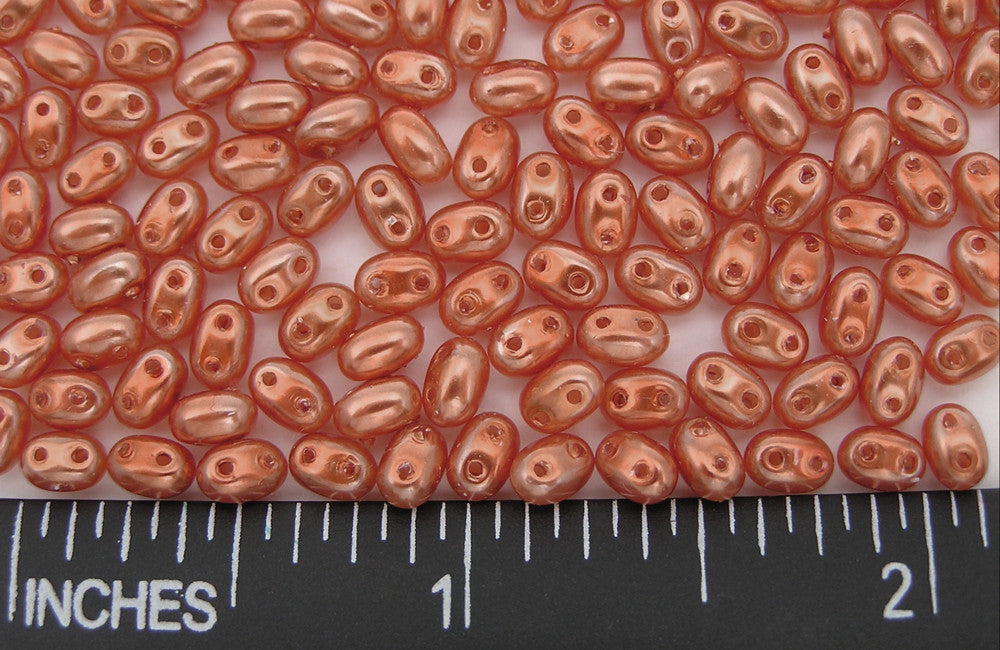 600 Czech 2-hole Duet (Duo/Twin) Glass Seed Beads 2.5x5mm Orangy Coral Pearl