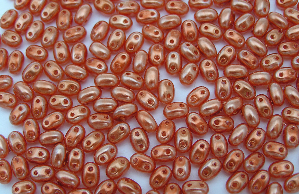 600 Czech 2-hole Duet (Duo/Twin) Glass Seed Beads 2.5x5mm Orangy Coral Pearl