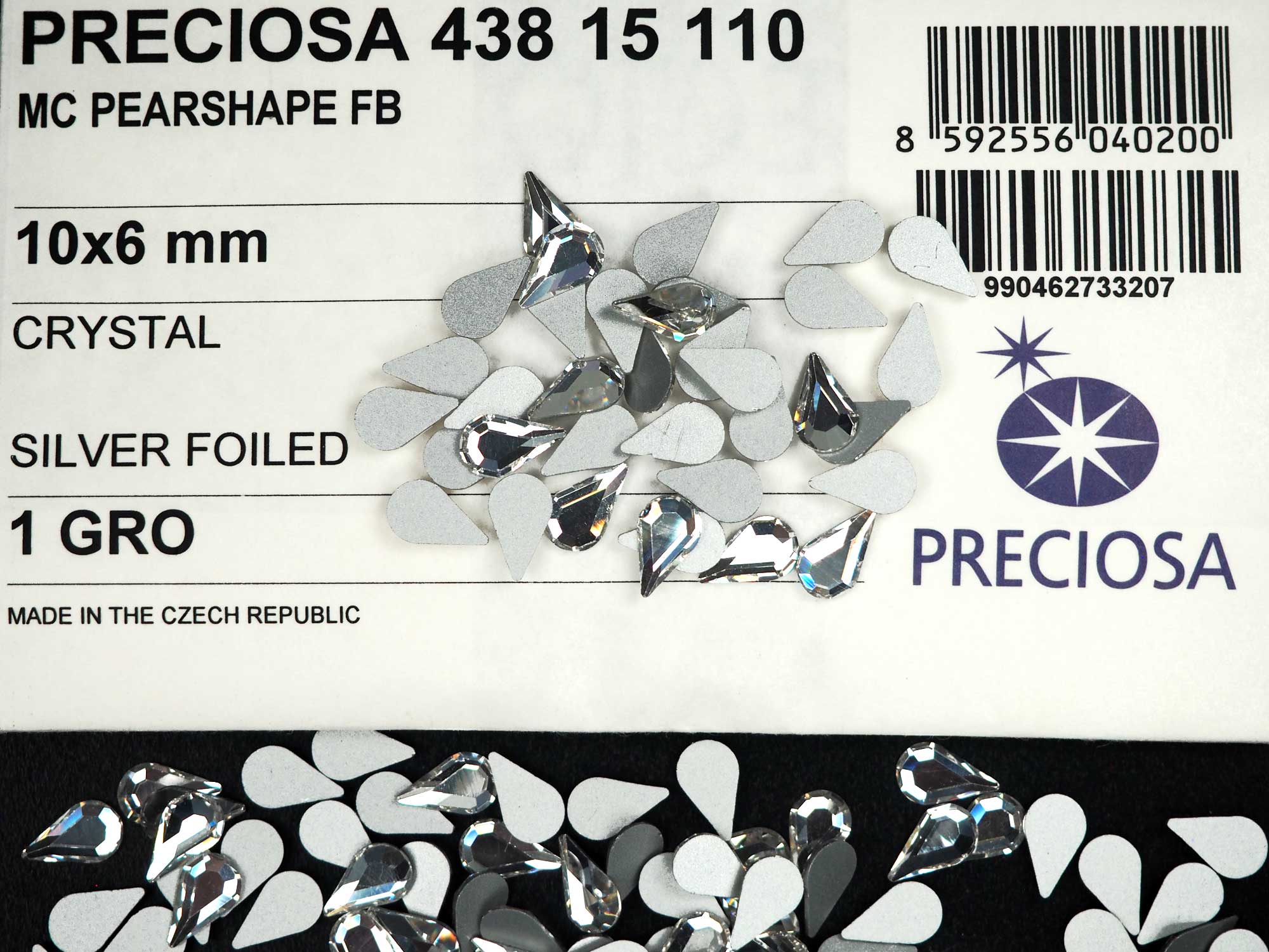 Crystal , Preciosa Czech MC Pearshape Flatback Stones Style #438-15-110 Silver Foiled, size 10x6mm, 36pcs, P835