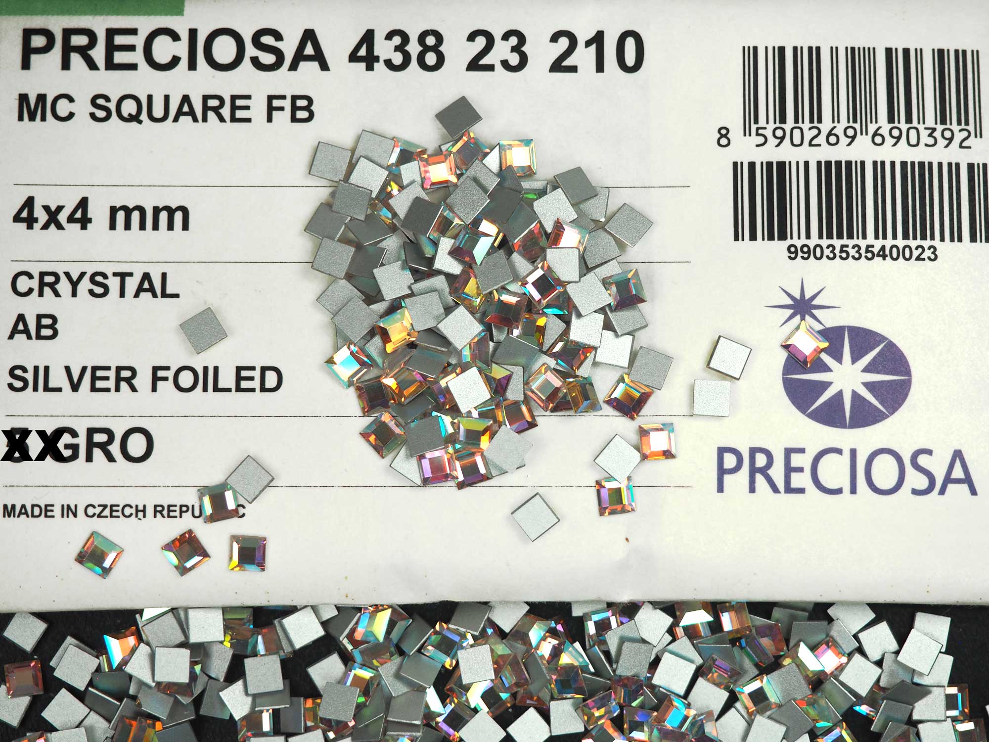 Crystal AB, Preciosa Czech MC SQUARE Flatback Stones Style #438-23-210, 4x4mm, 144pcs, P840