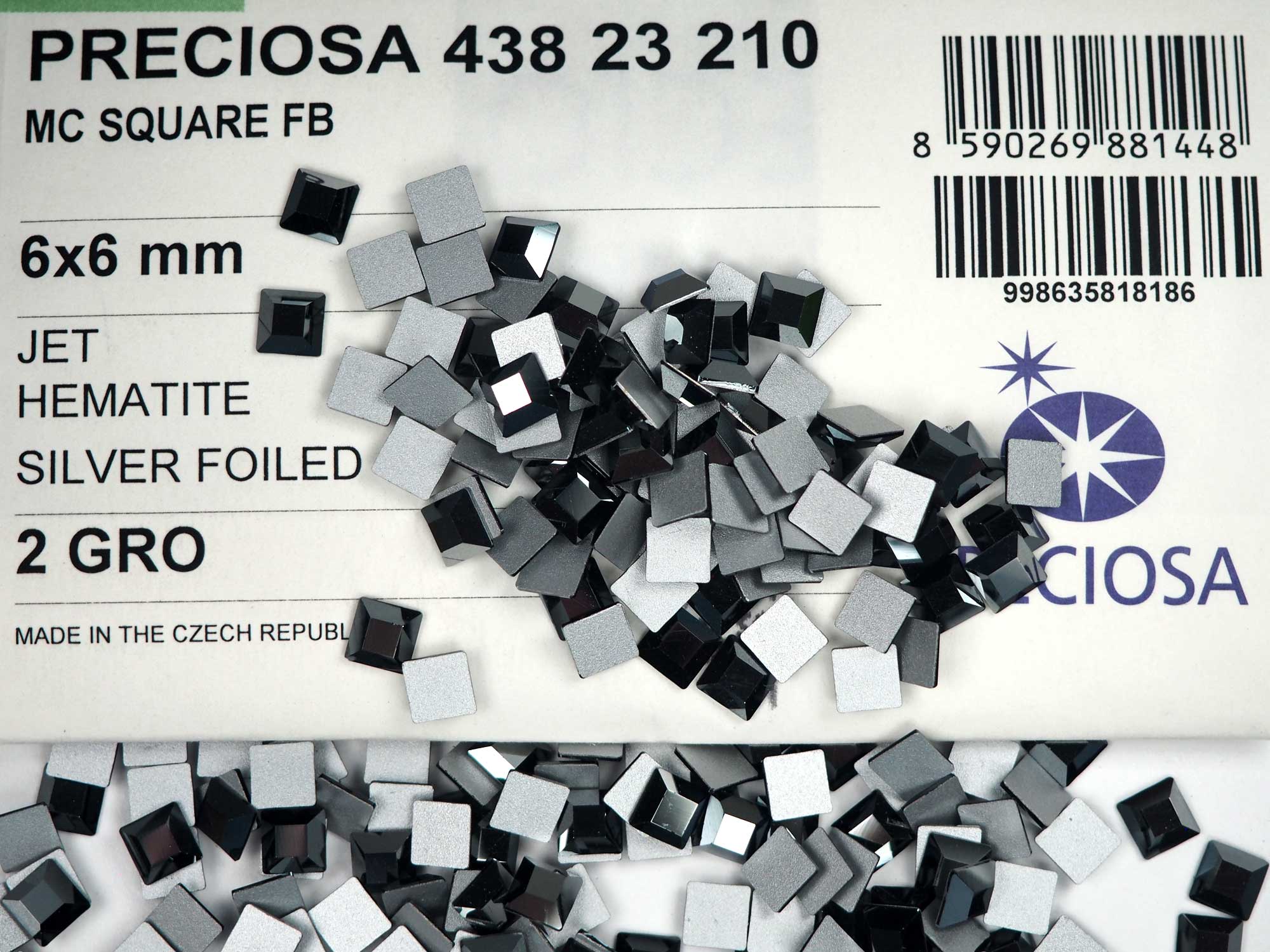 Jet Hematite, Preciosa Czech MC SQUARE Flatback Stones Style #438-23-210, 6x6mm, 36pcs, P843
