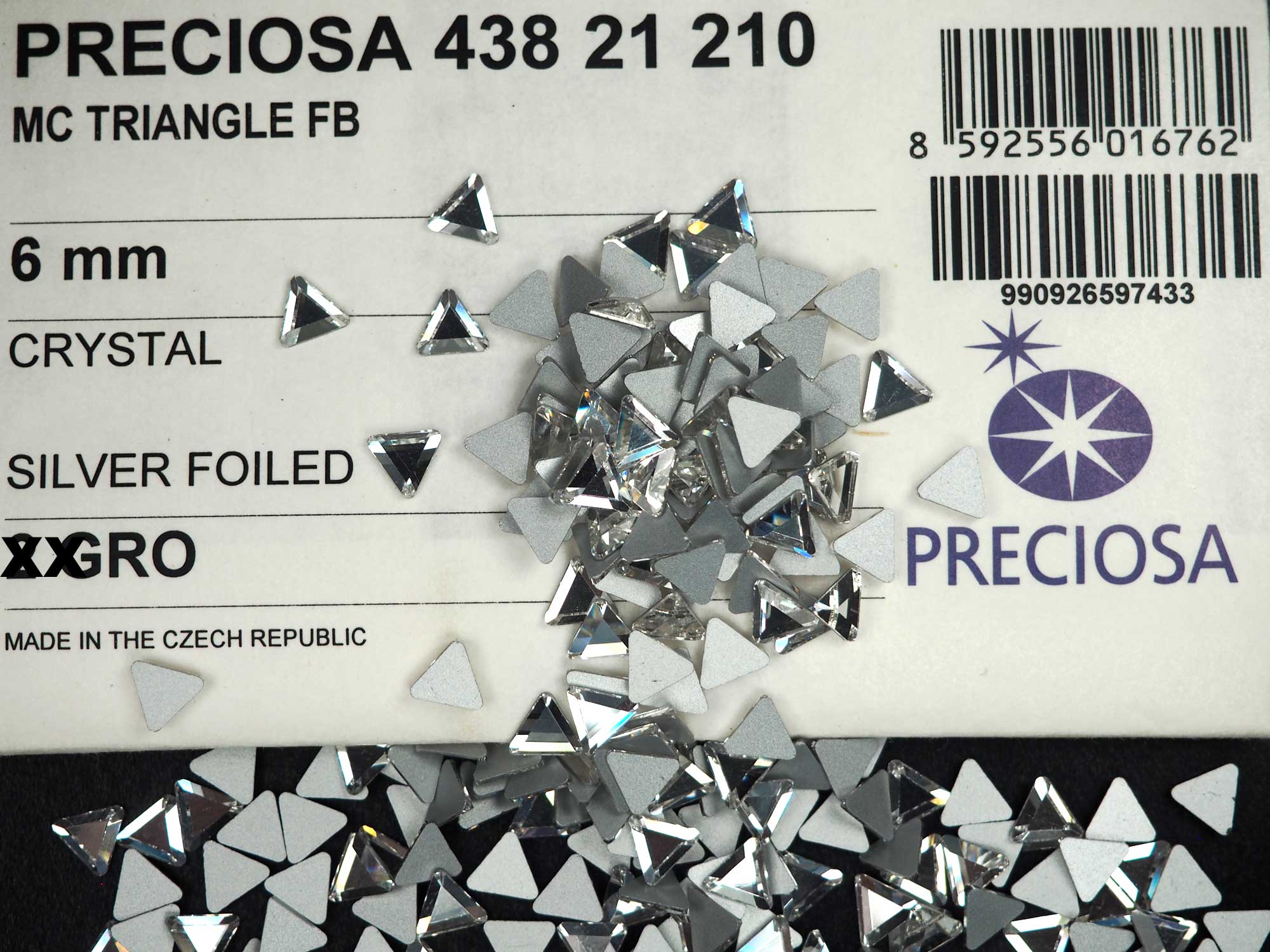 Crystal , Preciosa Czech MC Triangle Flatback Stones Style #438-21-210 Silver Foiled, size 6mm, 36pcs, P836