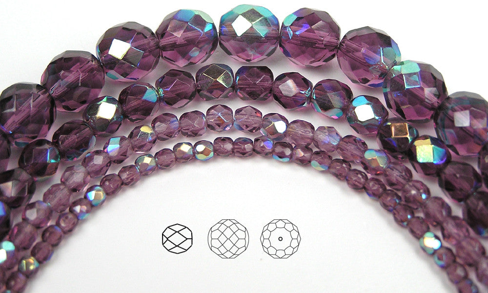 Amethyst AB, loose Czech Fire Polished Round Faceted Glass Beads, purple with Aurora Borealis coating