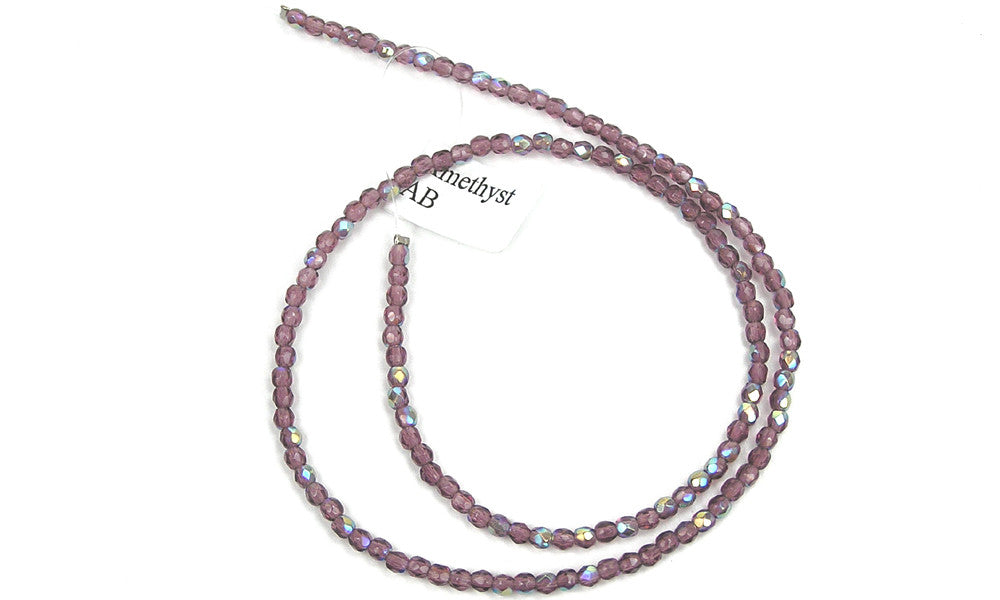 Amethyst AB coated, Czech Fire Polished Round Faceted Glass Beads, 16 inch strand