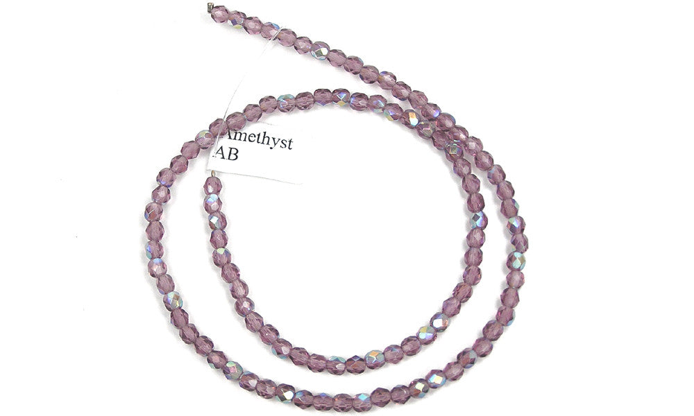 Amethyst AB coated, Czech Fire Polished Round Faceted Glass Beads, 16 inch strand