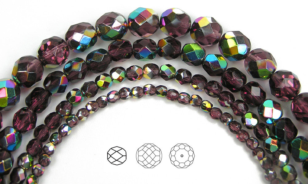 Amethyst Vitrail coated, loose Czech Fire Polished Round Faceted Glass Beads