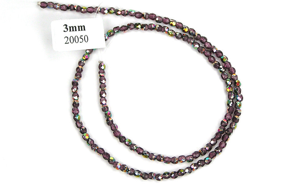 Amethyst Vitrail coated, Czech Fire Polished Round Faceted Glass Beads, 16 inch strand