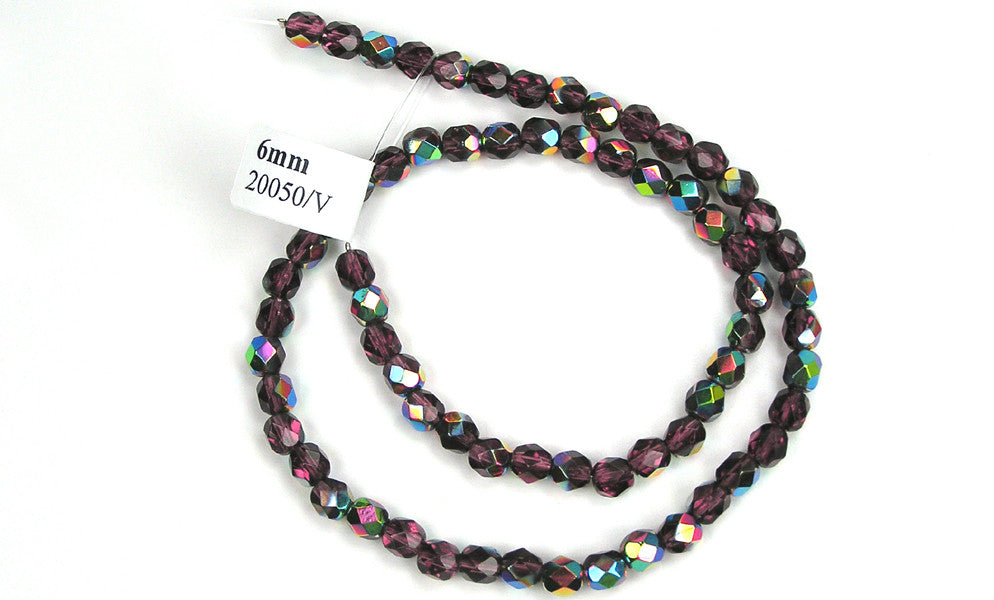 Amethyst Vitrail coated, Czech Fire Polished Round Faceted Glass Beads, 16 inch strand