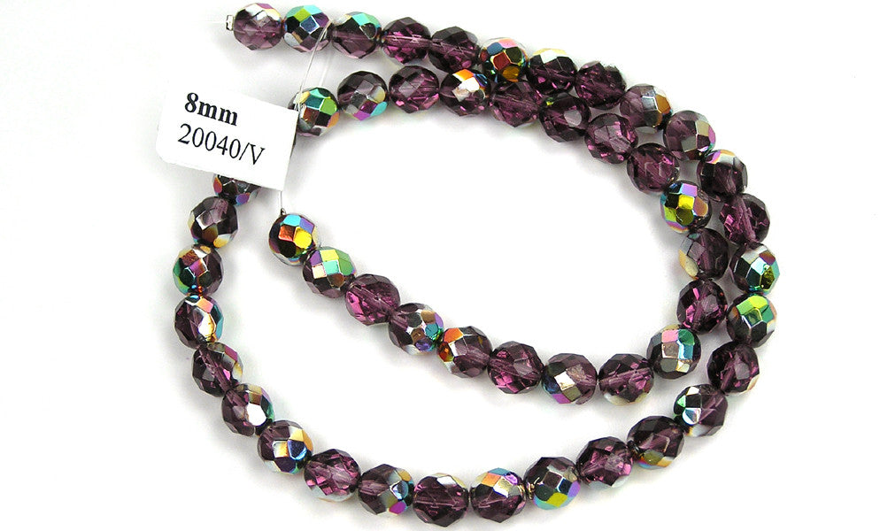 Amethyst Vitrail coated, Czech Fire Polished Round Faceted Glass Beads, 16 inch strand