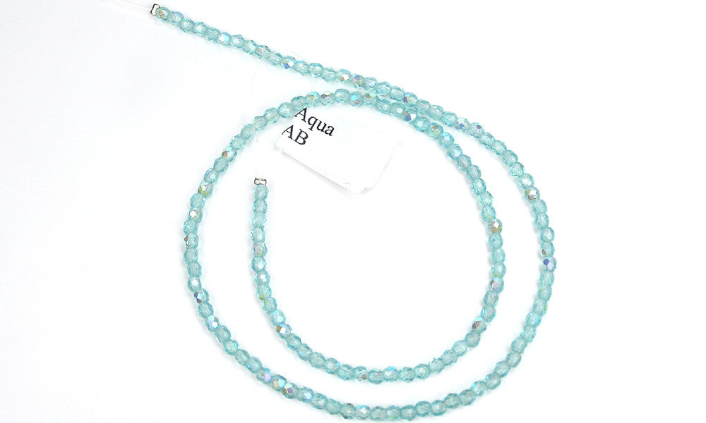 Aqua AB coated, Czech Fire Polished Round Faceted Glass Beads, 16 inch strand, Aquamarine coated with Aurora Borealis