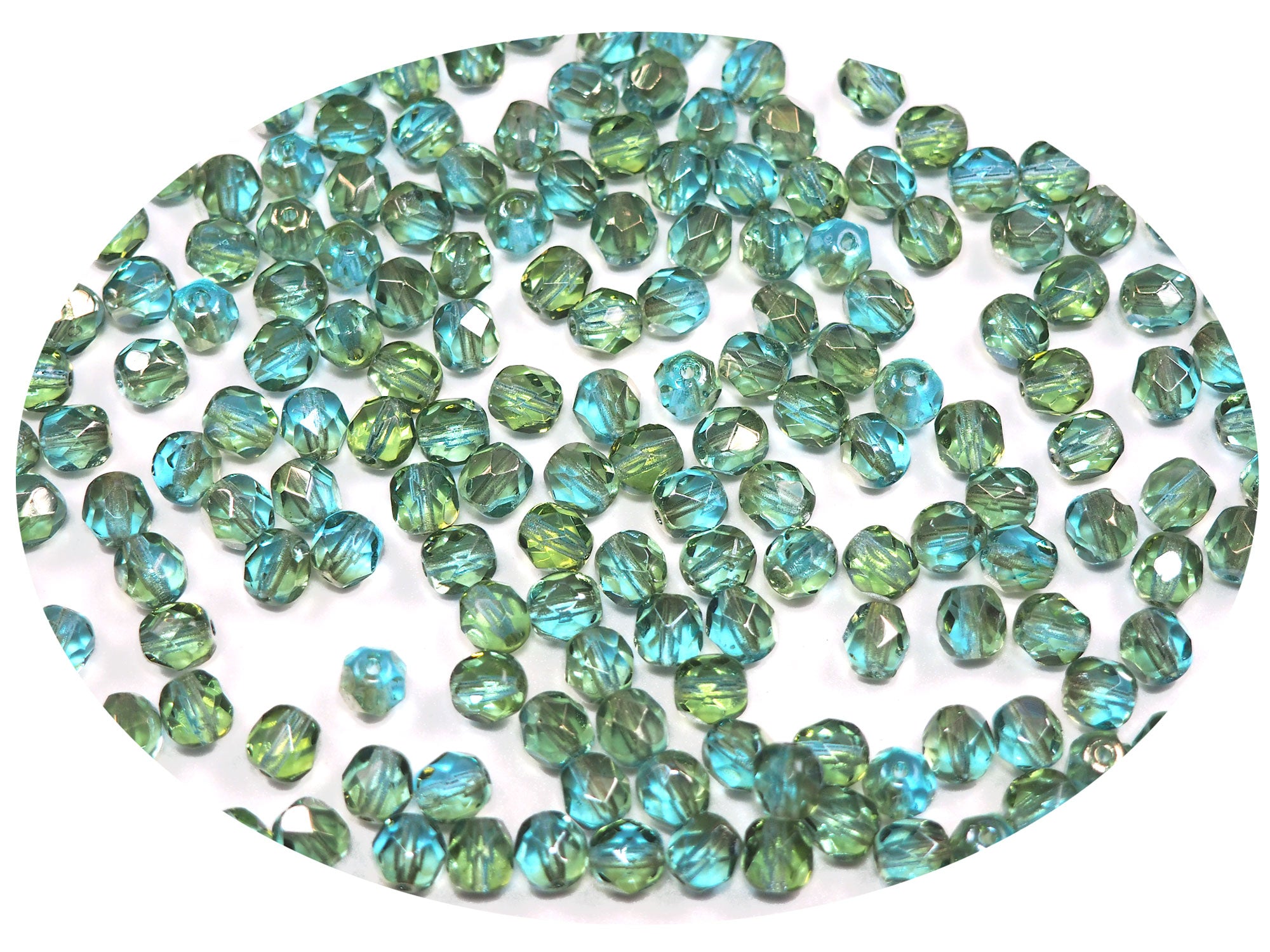 Aqua Celsian coated, Czech Fire Polished Round Faceted Glass Beads