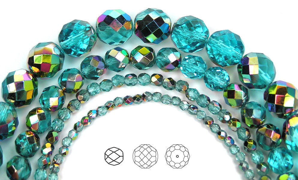 Aqua Vitrail coated, loose Czech Fire Polished Round Faceted Glass Beads, blue metal coated, 3mm, 4mm, 6mm, 8mm