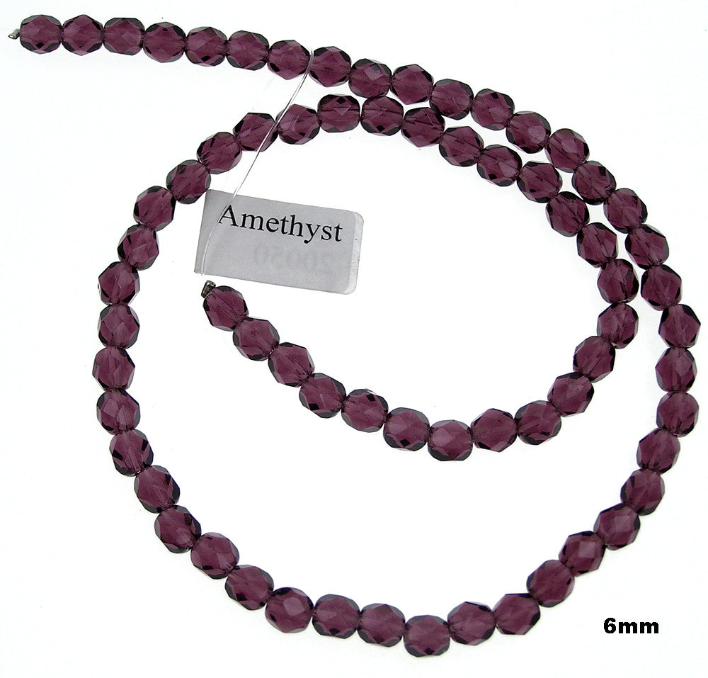 Amethyst, Czech Fire Polished Round Faceted Glass Beads, 16 inch strands, purple