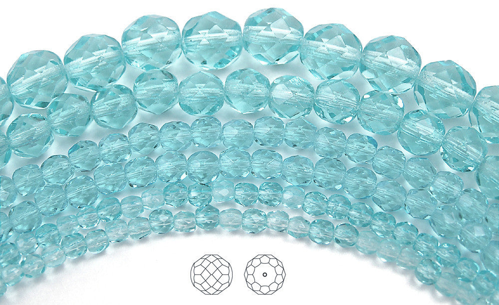 Aqua, loose Czech Fire Polished Round Faceted Glass Beads, light blue Aqua Bohemica, 3mm, 4mm, 6mm, 8mm