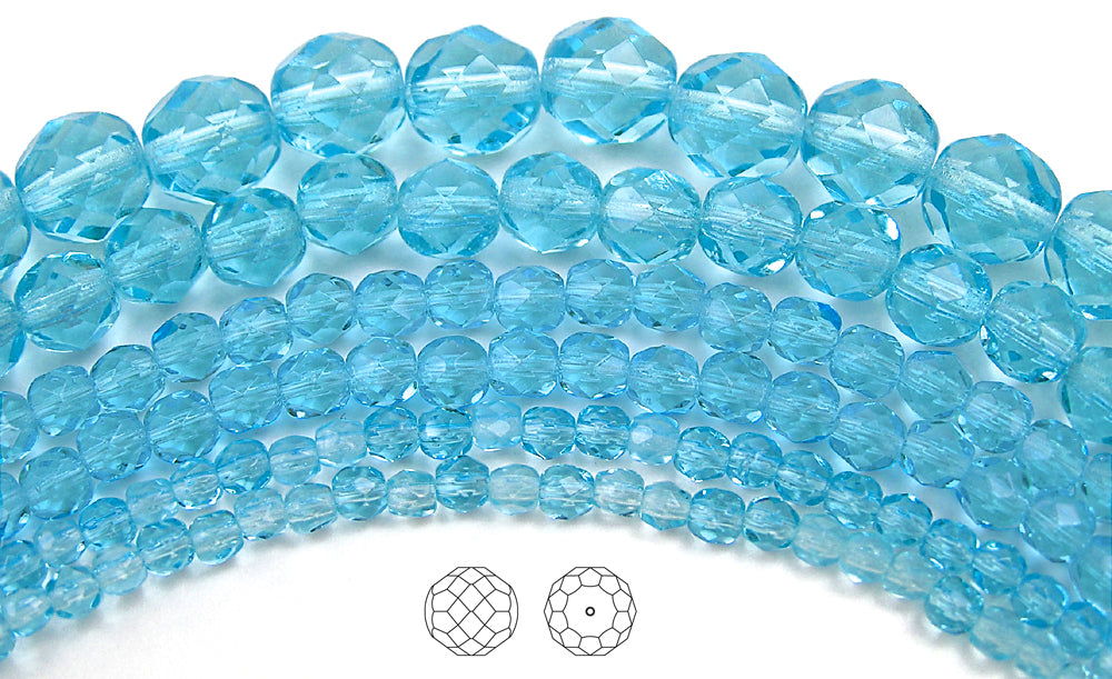 Aqua, Czech Fire Polished Round Faceted Glass Beads, 16 inch strand