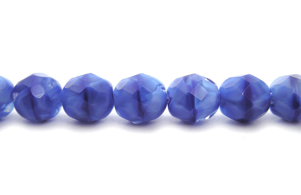 Blue White Givre, 2-tone combination, Czech Fire Polished Round Faceted Glass Beads, 7 inch strands, 8mm 22pcs
