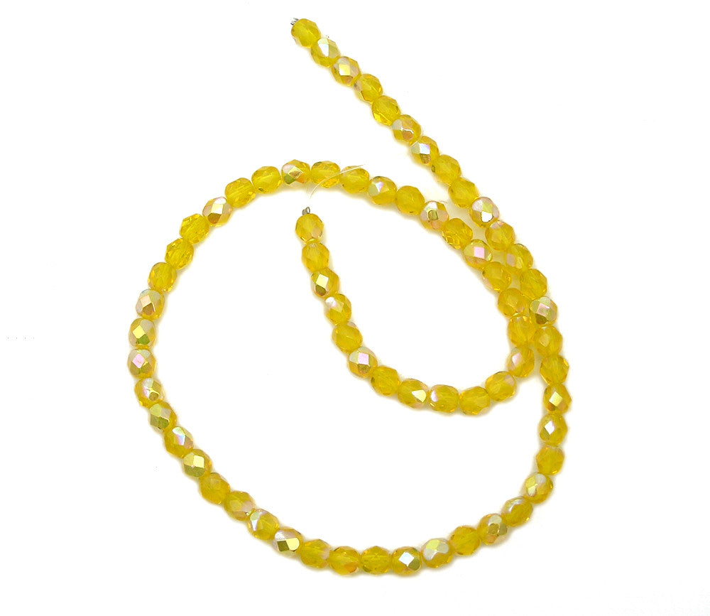 Citrine AB coated Czech Fire Polished Round Faceted Glass Beads 16 inch strands 4mm 6mm Rich Yellow with Aurora Boreal
