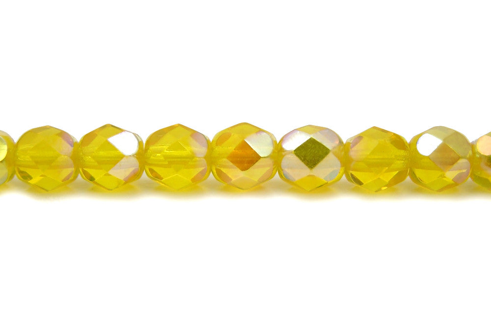 Citrine AB coated Czech Fire Polished Round Faceted Glass Beads 16 inch strands 4mm 6mm Rich Yellow with Aurora Boreal