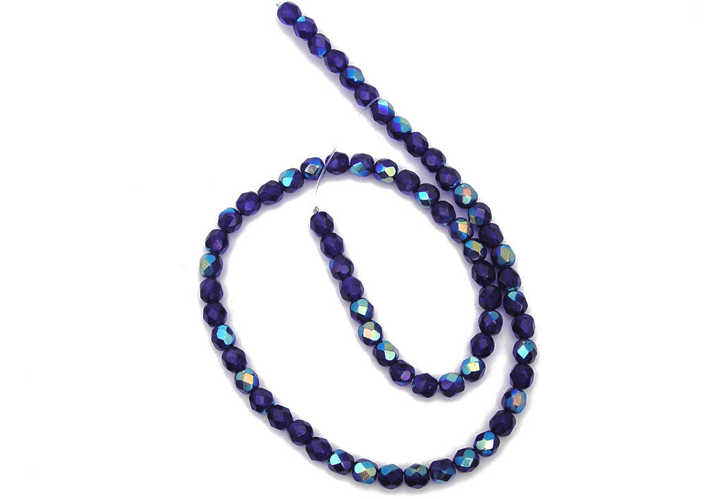 Cobalt Blue AB coated, Czech Fire Polished Round Faceted Glass Beads, 16 inch strand