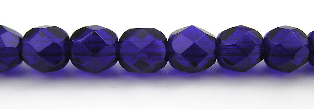 Cobalt Blue, Czech Fire Polished Round Faceted Glass Beads, 16 inch strand