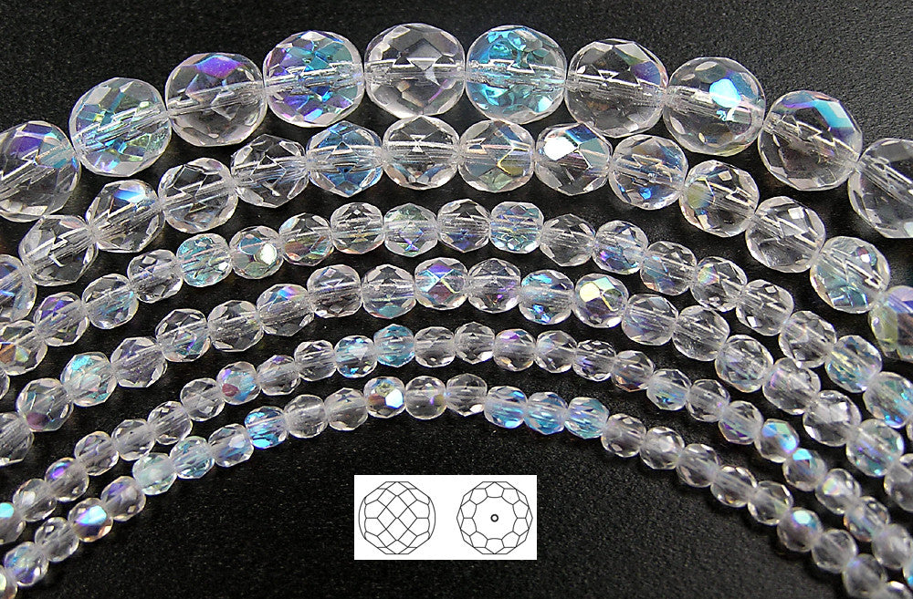 Crystal AB, loose Czech Fire Polished Round Faceted Glass Beads (clear coated with Aurora Borealis)