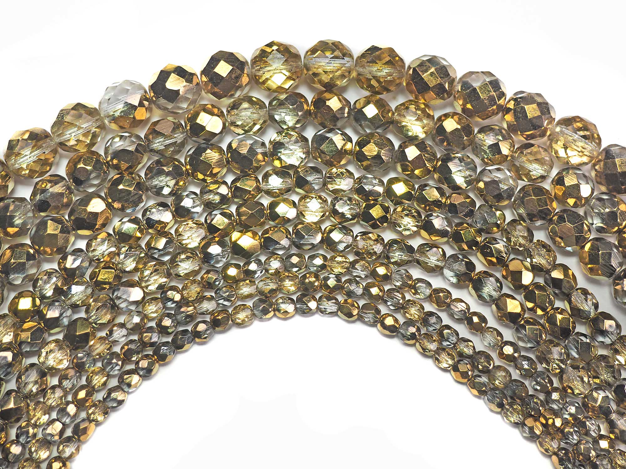 Crystal Amber Aureate 2-sided Gold coated, loose Czech Fire Polished Round Faceted Glass Beads, size 3mm, 6mm