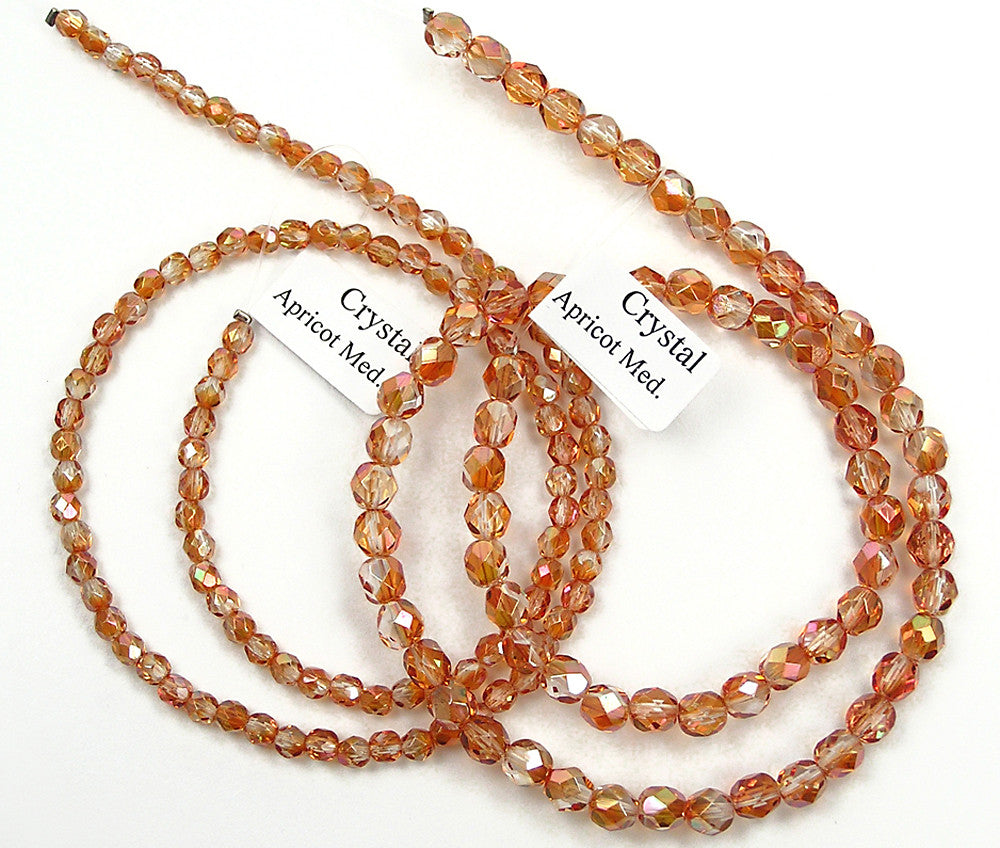 Crystal Apricot Medium coated, Czech Fire Polished Round Faceted Glass Beads, 16" strand