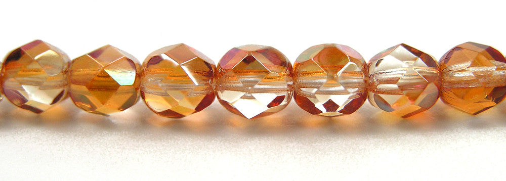 Crystal Apricot Rainbow coated, Czech Fire Polished Round Faceted Glass Beads, 16" strand