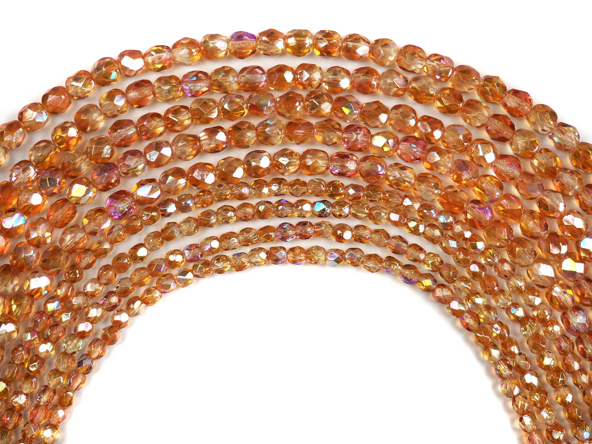 Crystal Apricot Rainbow coated Czech Fire Polished Round Faceted Glass Beads 16 inch strands 4mm 6mm
