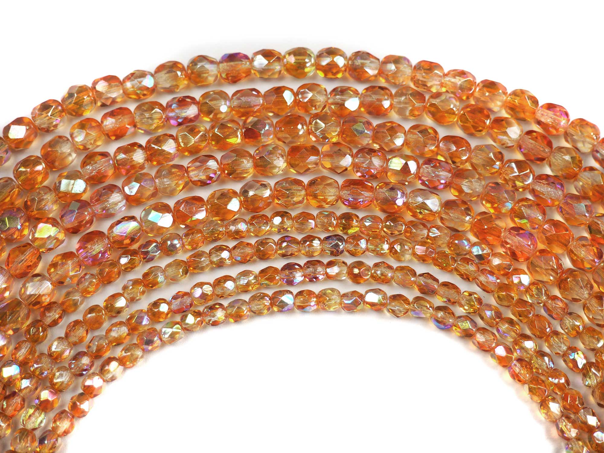 Crystal Apricot Rainbow coated, Czech Fire Polished Round Faceted Glass Beads, 16" strand