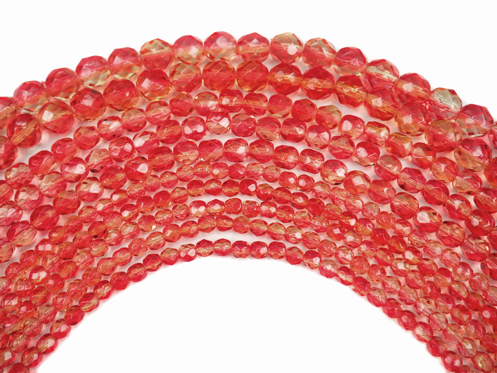Crystal Arizona Sun coated, loose Czech Fire Polished Round Faceted Glass Beads, 2-tone red and yellow