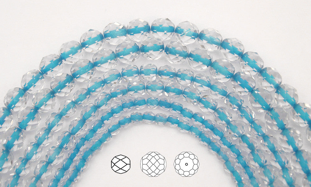 Crystal Blue Turquoise Lined, loose Czech Fire Polished Round Faceted Glass Beads (clear crystal with blue color lining)