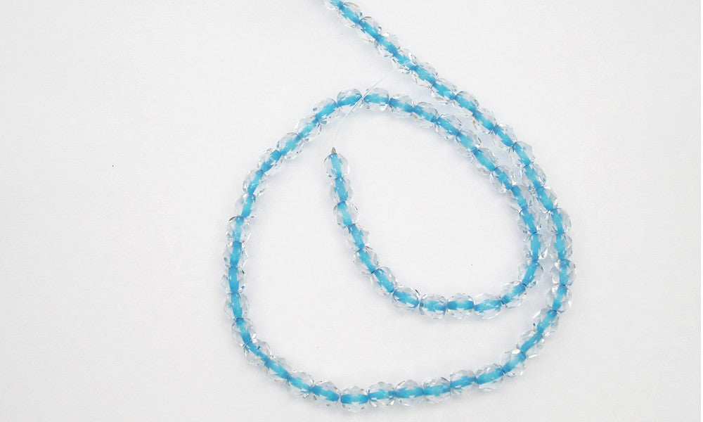Crystal Blue Turquoise Lined, Czech Fire Polished Round Faceted Glass Beads, 16 inch strand