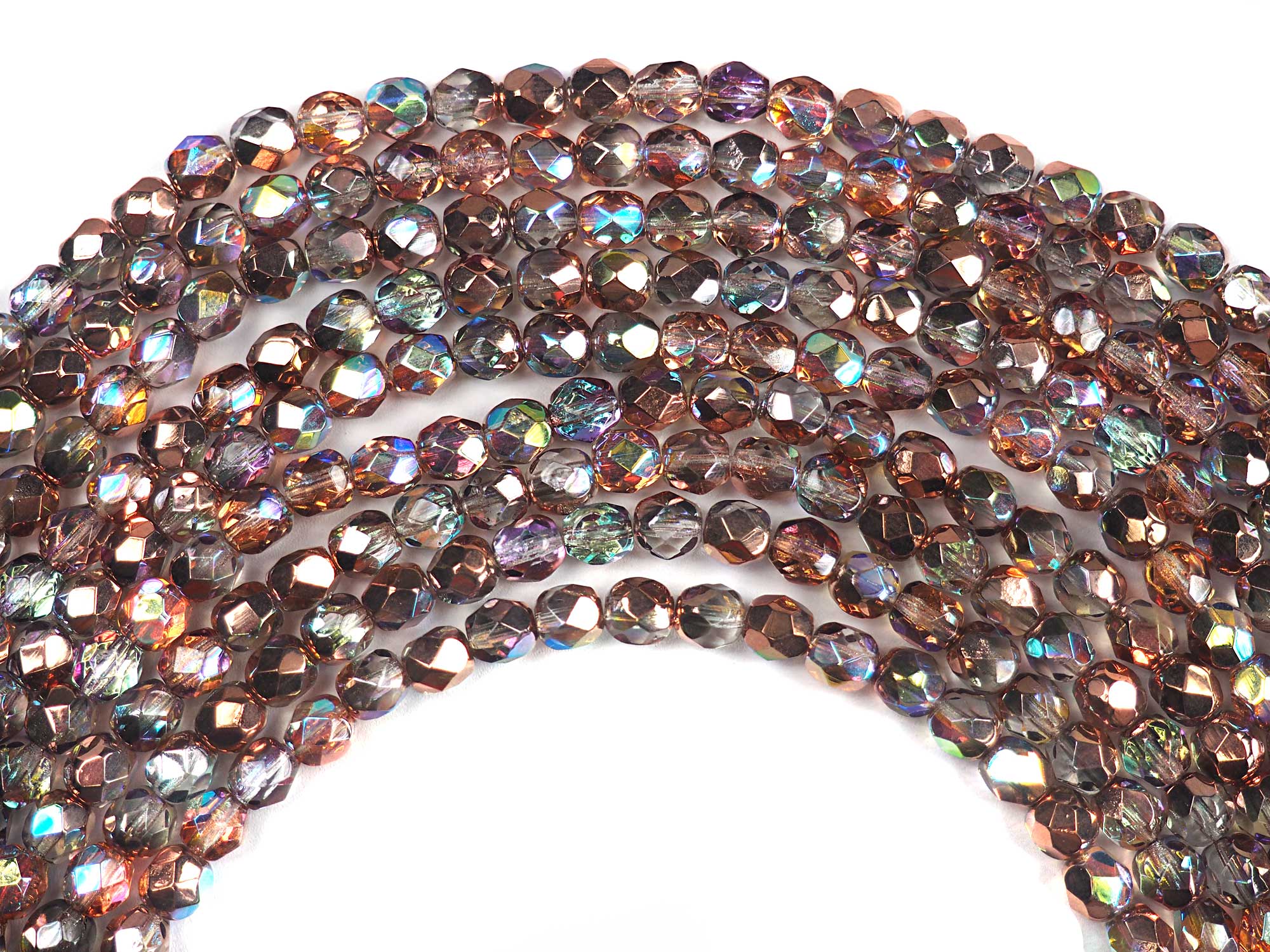 Crystal Copper Rainbow coated, Czech Fire Polished Round Faceted Glass Beads, 16" strand, Capri Gold with AB