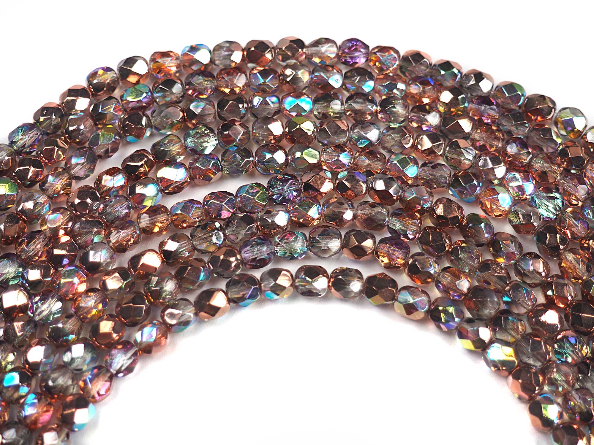 Crystal Copper Rainbow coated, Czech Fire Polished Round Faceted Glass Beads, 16" strand, Capri Gold with AB