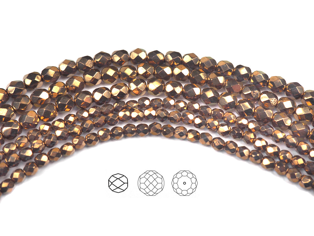 Crystal Gold Bronze (partially transparent), Czech Fire Polished Round Faceted Glass Beads, 16 inch strand