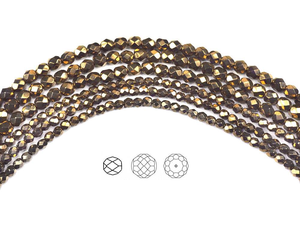Crystal Gold Bronze (partially transparent), Czech Fire Polished Round Faceted Glass Beads, 16 inch strand