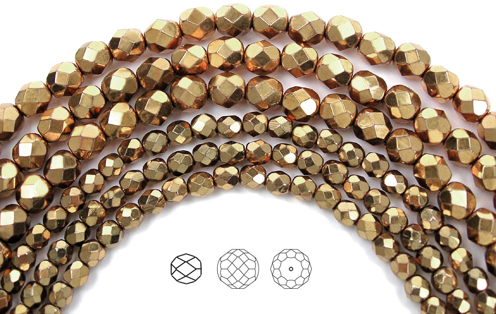 Crystal Golden (Copper), Czech Fire Polished Round Faceted Glass Beads, 16 inch strand